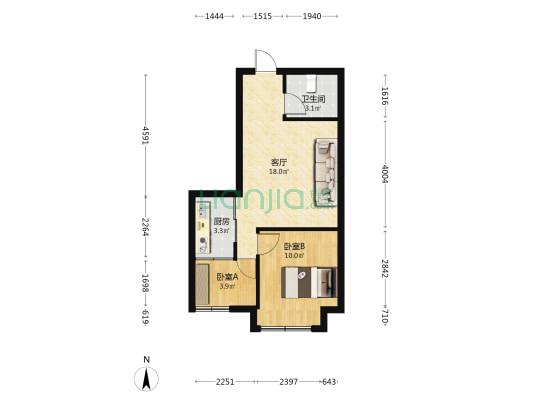 玉虹蓝庭国际城 2室1厅1卫 55平方
