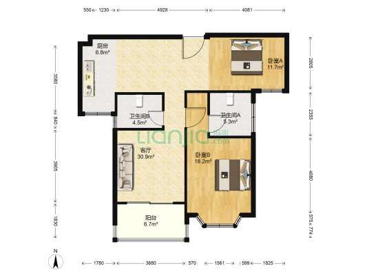 瑞景国际 2室1厅2卫 97平方
