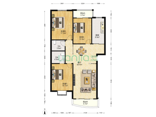 宏祥花园 3室1厅2卫 138平方