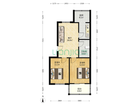 老军营小区第三社区 2室1厅1卫 68平方