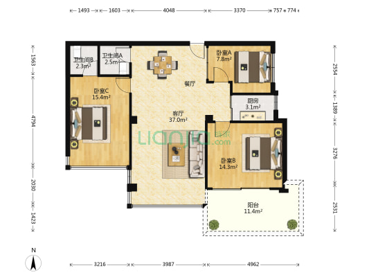 虎园路财政宿舍 3室1厅2卫 86平方