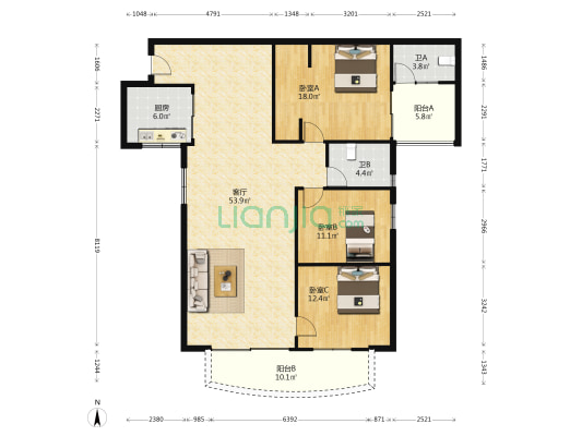 荔建花园 3室1厅2卫 150平方