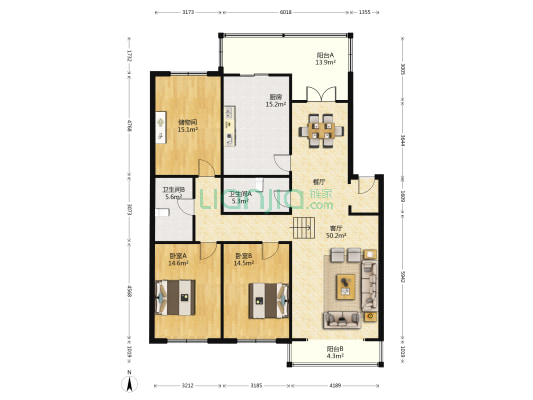 小五路花苑 2室1厅2卫 176平方