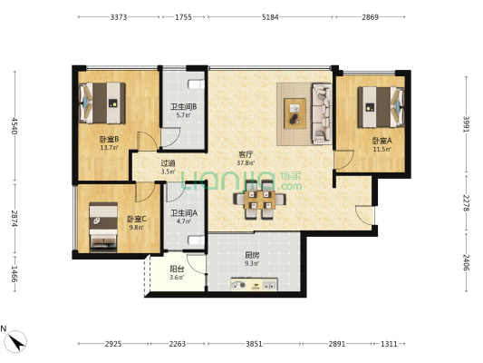 观宸月汐 3室1厅2卫 117平方