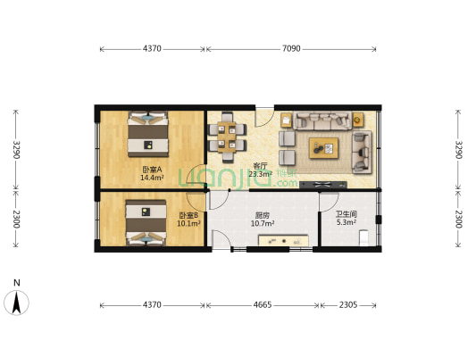 市北路121号 2室1厅1卫 70平方