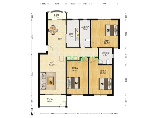 爱建新家园 3室1厅2卫 132平方