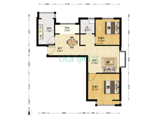 嘉誉新城 2室2厅1卫 90平方