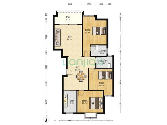 卧龙城公馆 3室2厅2卫 112平方