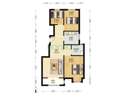 融信金地澜悦（二期） 3室1厅1卫 90平方