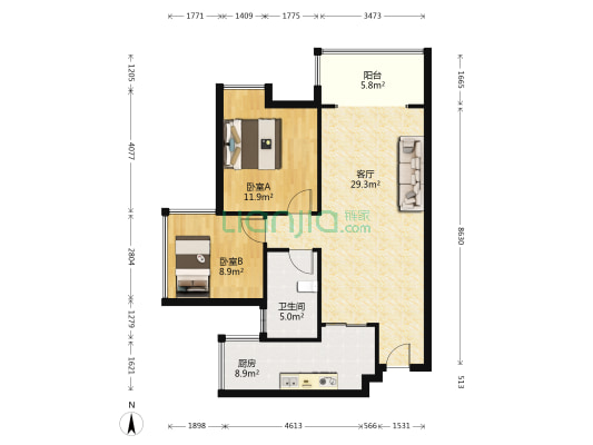 青白江天美广场 2室1厅1卫 80平方