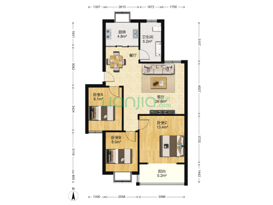 中德亚运村河西生活区 3室1厅1卫 94平方