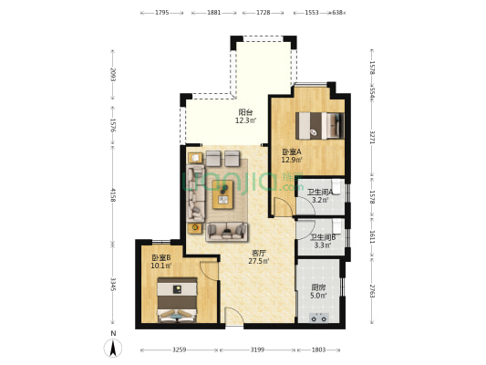 华泓四季嘉园 2室1厅2卫 84平方