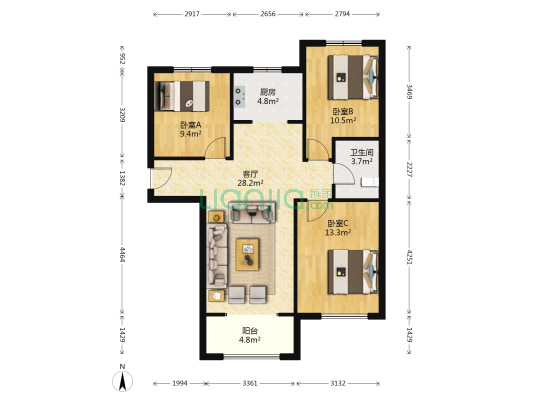 【狮子城】南北通透三居，高楼层采光好，视野宽阔。-户型图