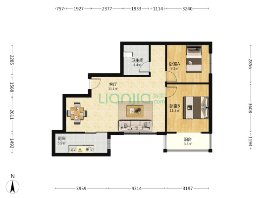 东立开泰园 2室1厅1卫 92平方