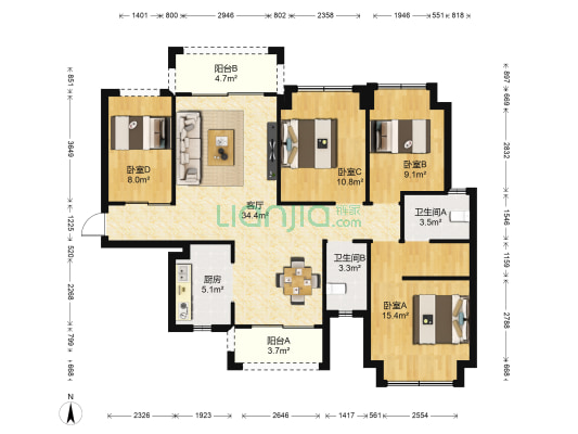 华策岭峰国际 4室1厅2卫 117平方