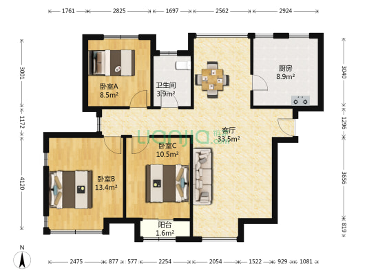 康大新天地 3室1厅1卫 120平方