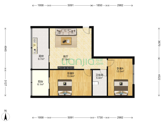 陕建机施集团第二三社区 2室1厅1卫 96平方
