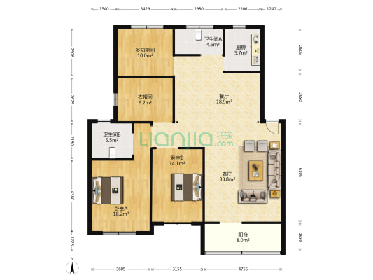 金岭花园 3室2厅2卫 148平方