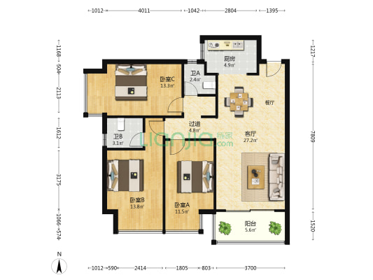 时代朝阳 3室1厅2卫 117平方