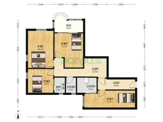 海波花园 4室0厅2卫 102平方