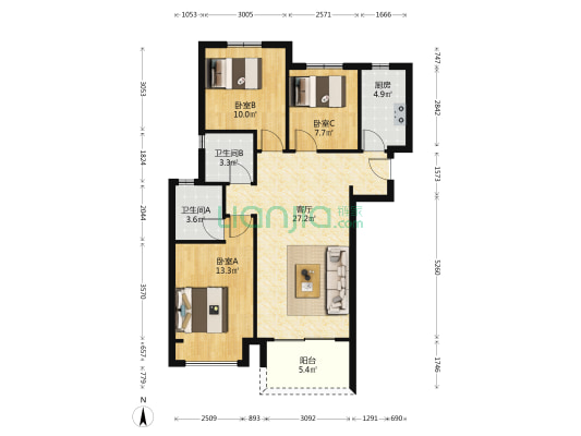 华发峰景湾 3室1厅2卫 106平方