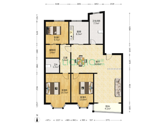 汇元坊 3室1厅2卫 133平方