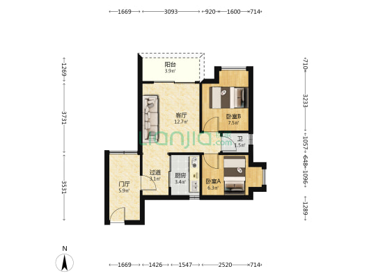 世代雅轩 2室1厅1卫 52平方
