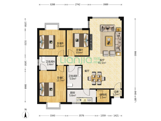 泾渭·龙泽苑 3室1厅2卫 122平方