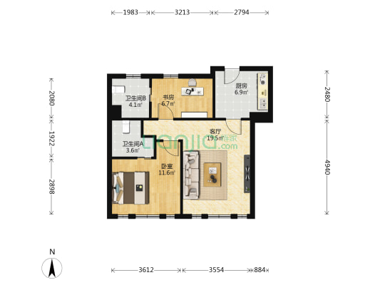 巢居公寓 2室1厅2卫 73平方