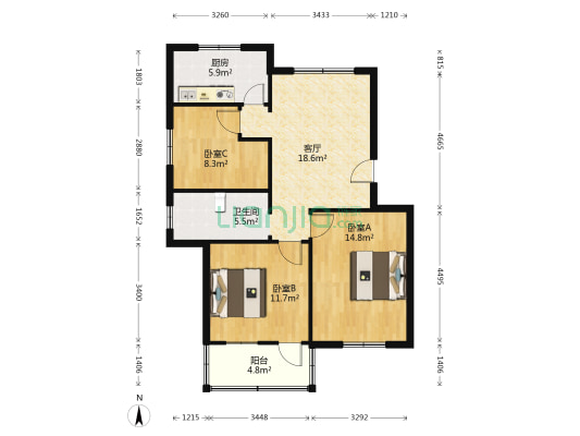 物资局宿舍 3室1厅1卫 84平方