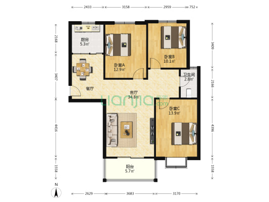 南苑春光东区 3室1厅1卫 109平方