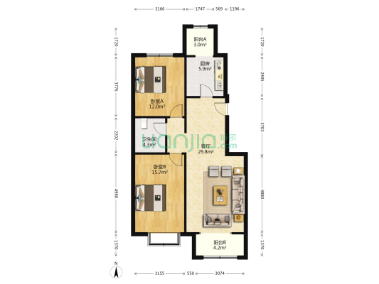 幸福嘉园 南北两居室 包括一个车位-户型图
