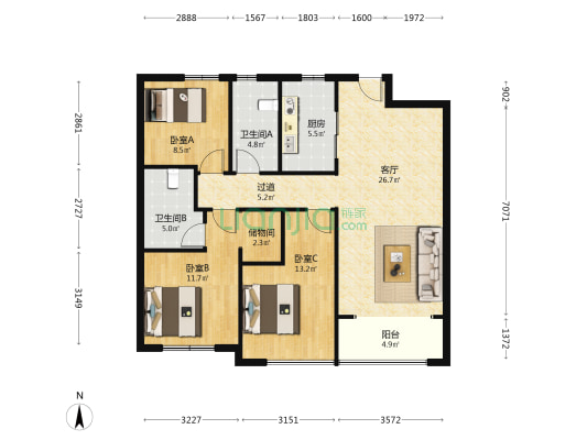 腾讯双创小镇云曦 3室1厅2卫 119平方