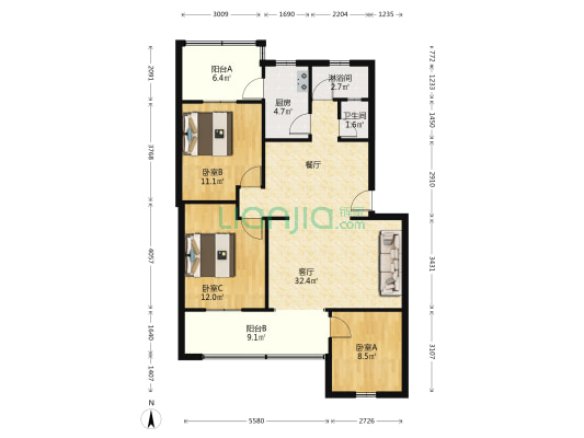 西海东街25号 3室1厅2卫 98平方