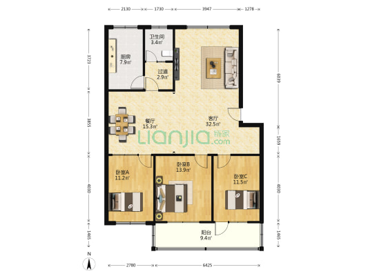 中兴房地产宿舍 3室2厅1卫 128平方