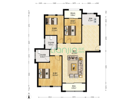 湖畔香榭 3室1厅2卫 130平方
