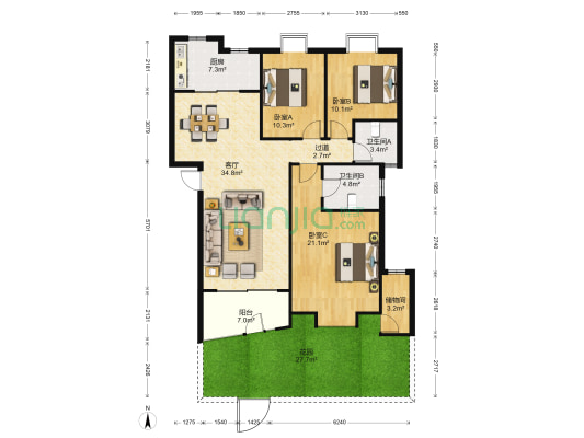 山水星辰 3室1厅2卫 115平方
