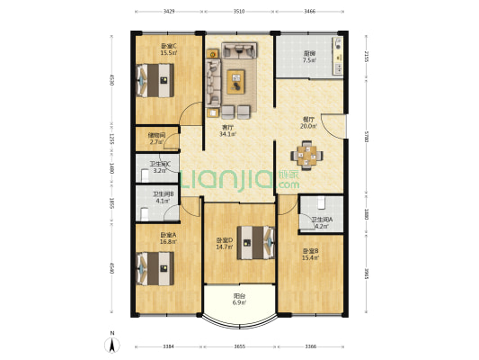 鸿源小区 4室2厅3卫 185平方