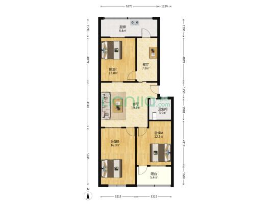 金冠公寓 3室2厅1卫 108平方