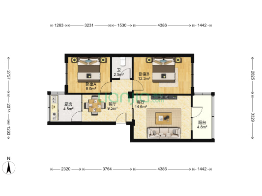 康乐园小区 2室2厅1卫 60平方