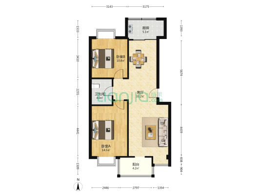龙族骏景花园 2室1厅1卫 94平方