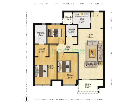 万科金色悦城三期 3室1厅2卫 117平方