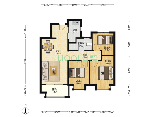 金科集美天宸 3室1厅1卫 89平方