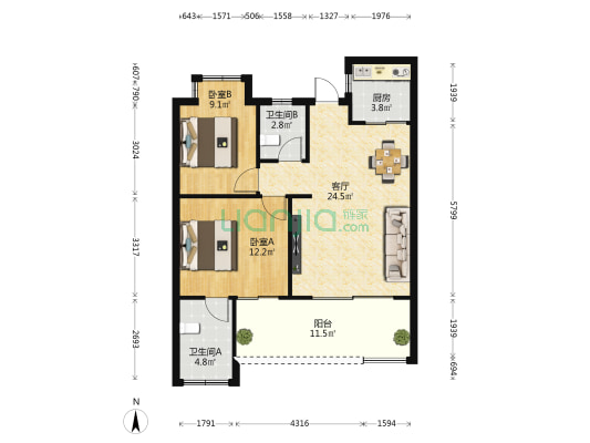 方大·太阳城 2室1厅2卫 83平方