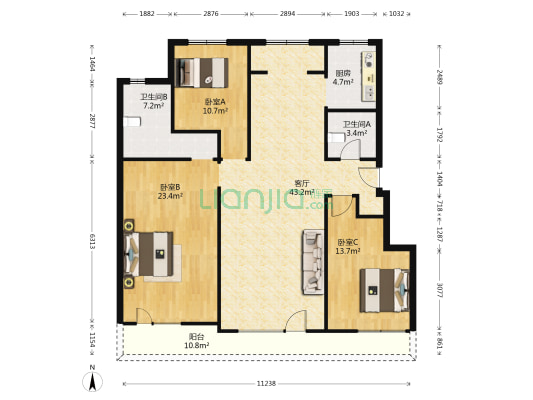 绿地国际花都 3室1厅2卫 133平方
