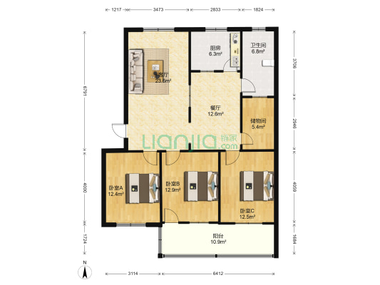 光明小区 3室2厅1卫 117平方