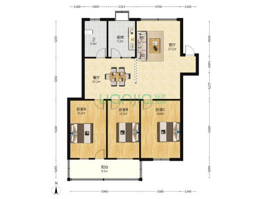 钢窗厂宿舍楼 3室2厅1卫 126平方