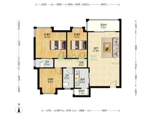 京华奥园A区 3室1厅2卫 92平方