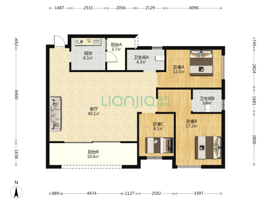 尚源郦城 3室1厅2卫 124平方