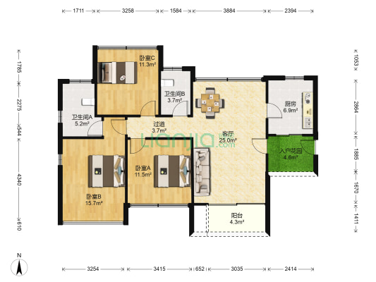 中新里 3室1厅2卫 120平方
